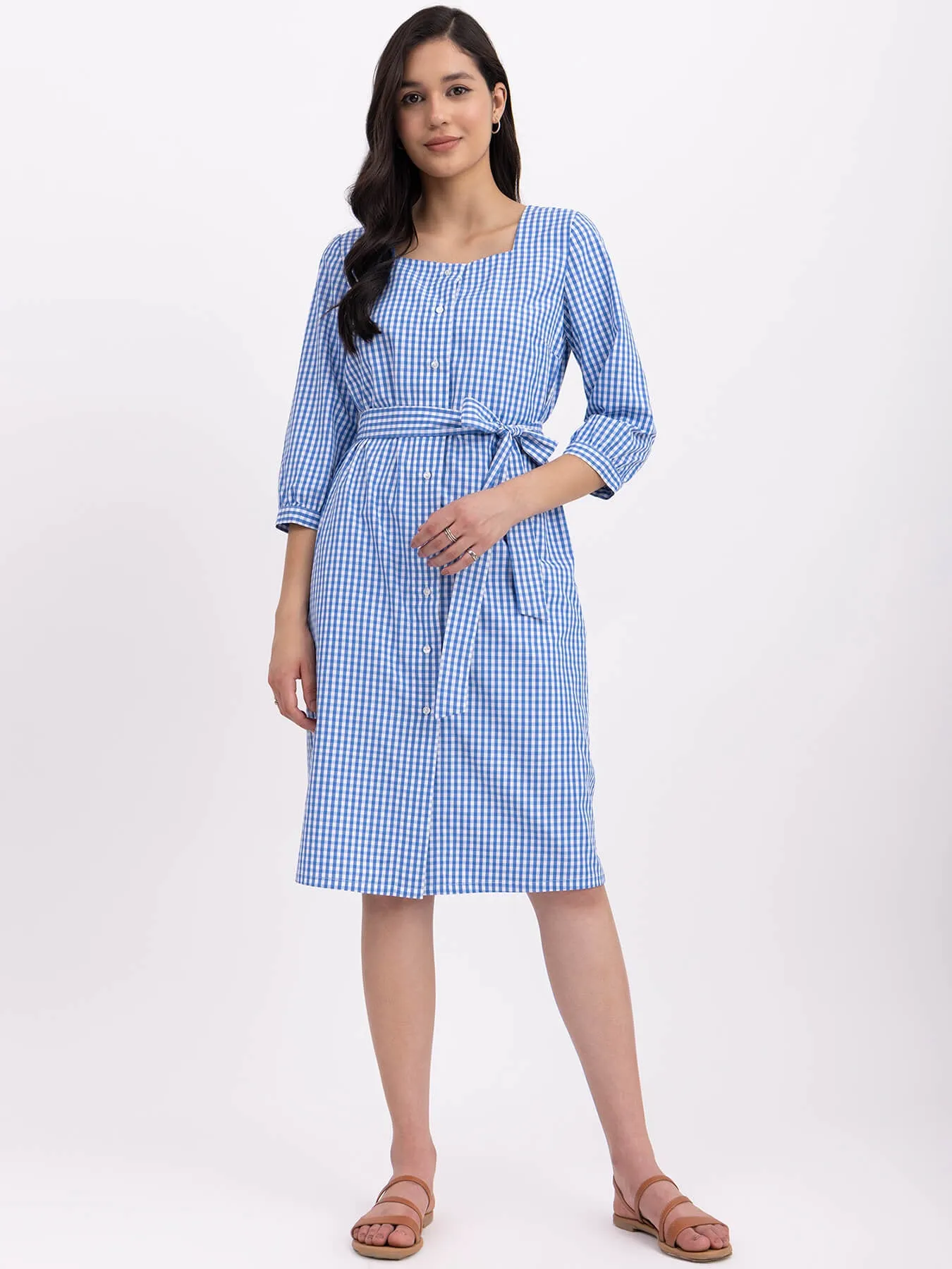Cotton Checkered Square Neck Dress - Blue And White