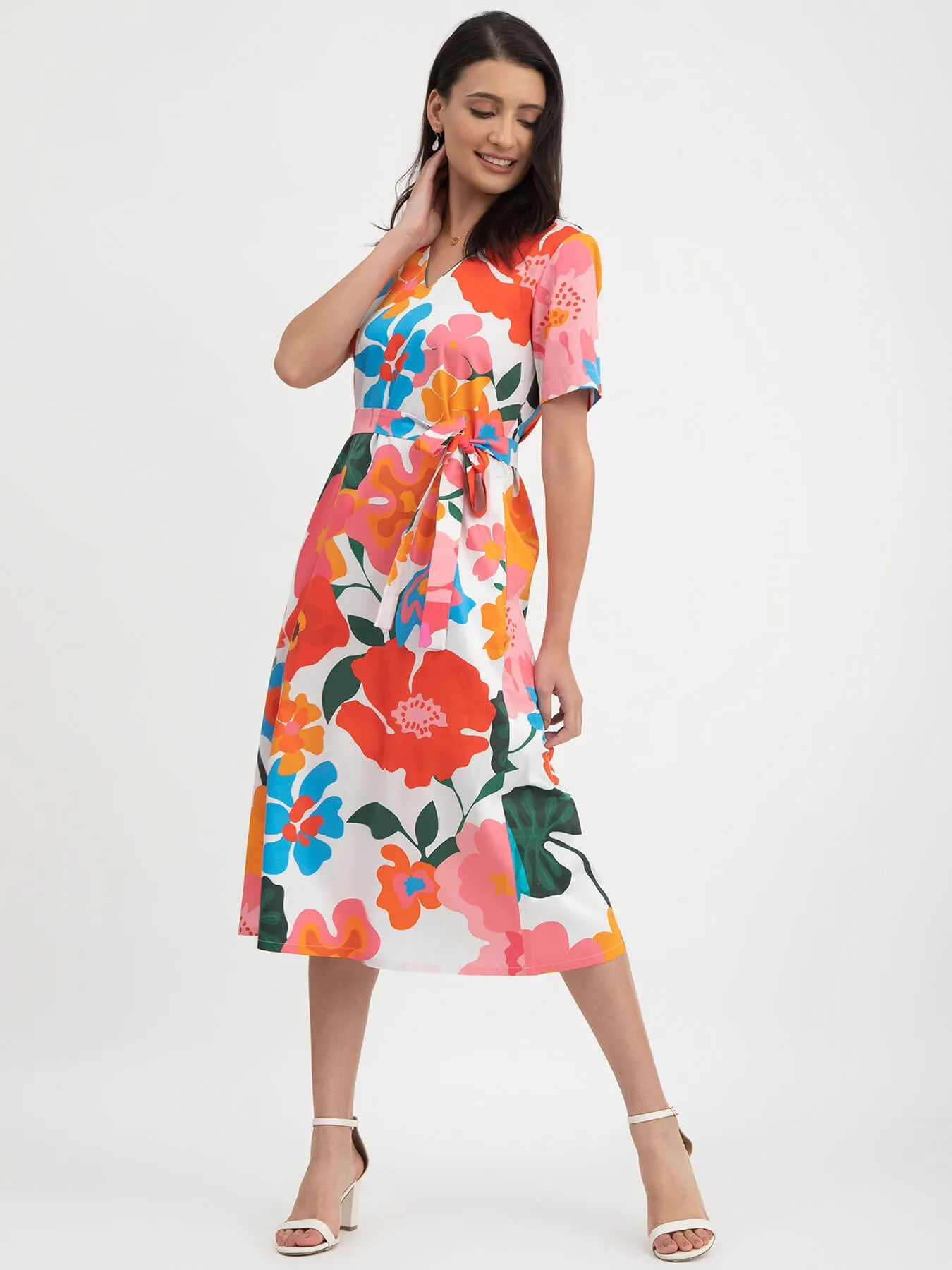 Cotton Satin Floral Print Dress - Multicolour