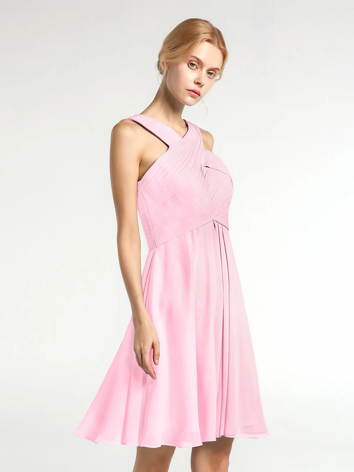 Cross Front Empire Waist Short Bridesmaid Dress Candy Pink
