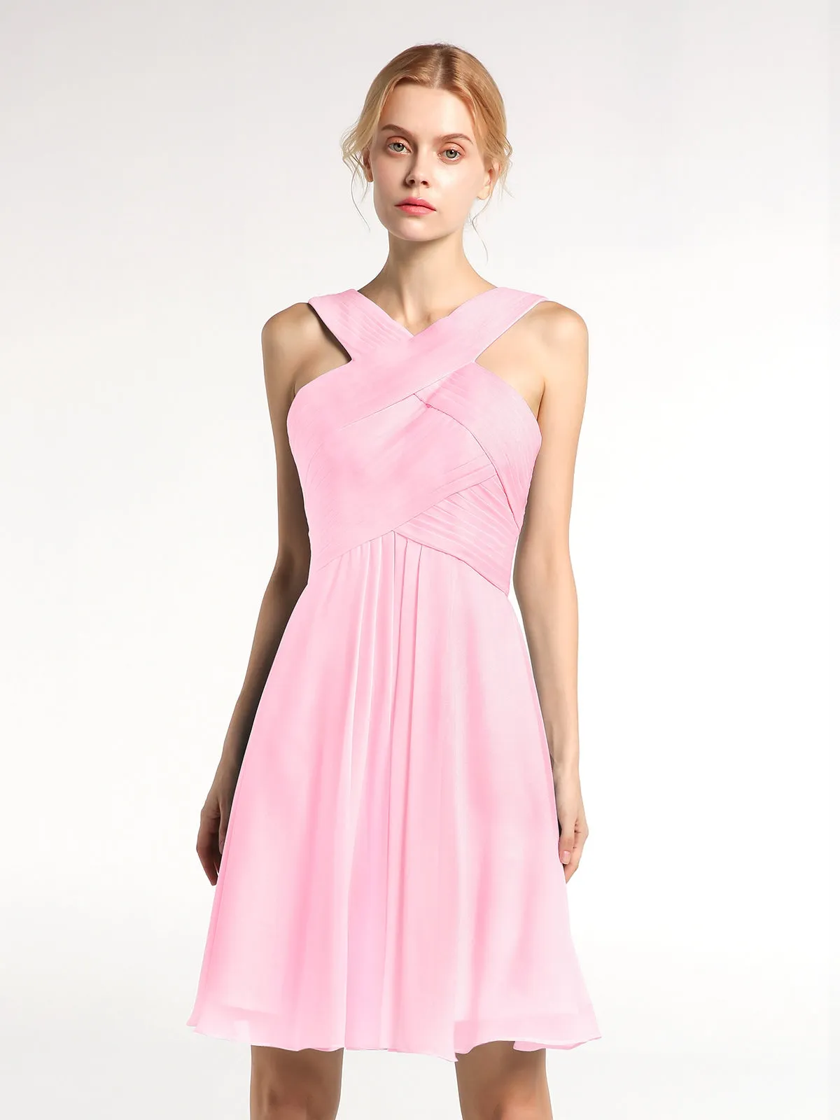 Cross Front Empire Waist Short Bridesmaid Dress Candy Pink