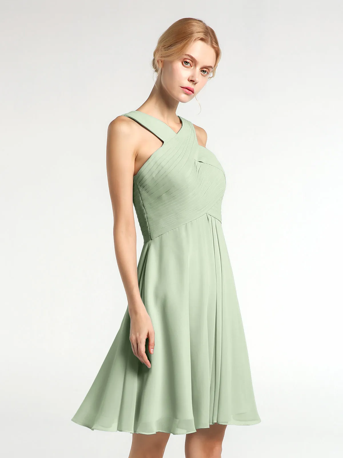 Cross Front Empire Waist Short Bridesmaid Dress Dusty Sage Plus Size