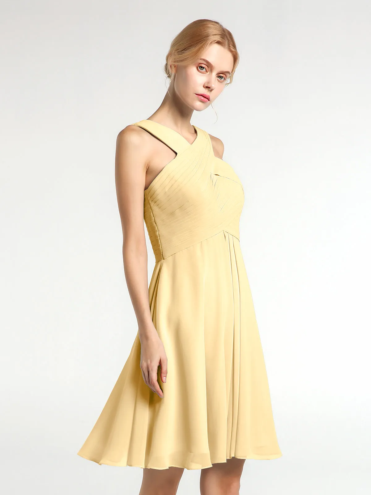 Cross Front Empire Waist Short Bridesmaid Dress Gold Plus Size