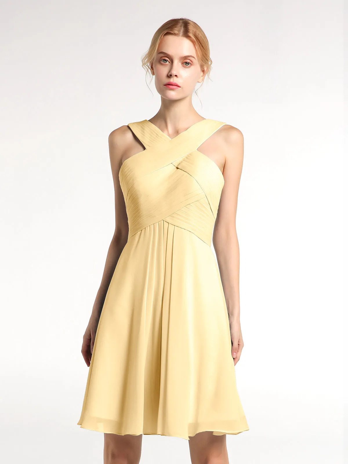 Cross Front Empire Waist Short Bridesmaid Dress Gold Plus Size