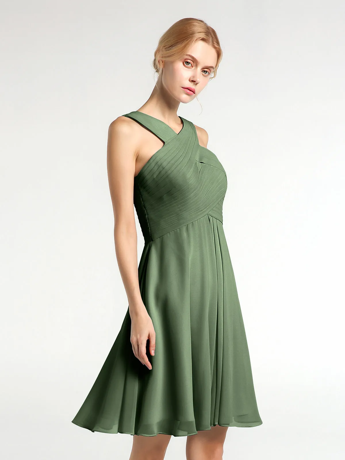 Cross Front Empire Waist Short Bridesmaid Dress Olive Green