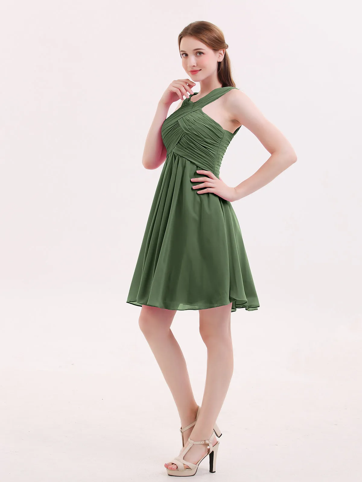 Cross Front Empire Waist Short Bridesmaid Dress Olive Green