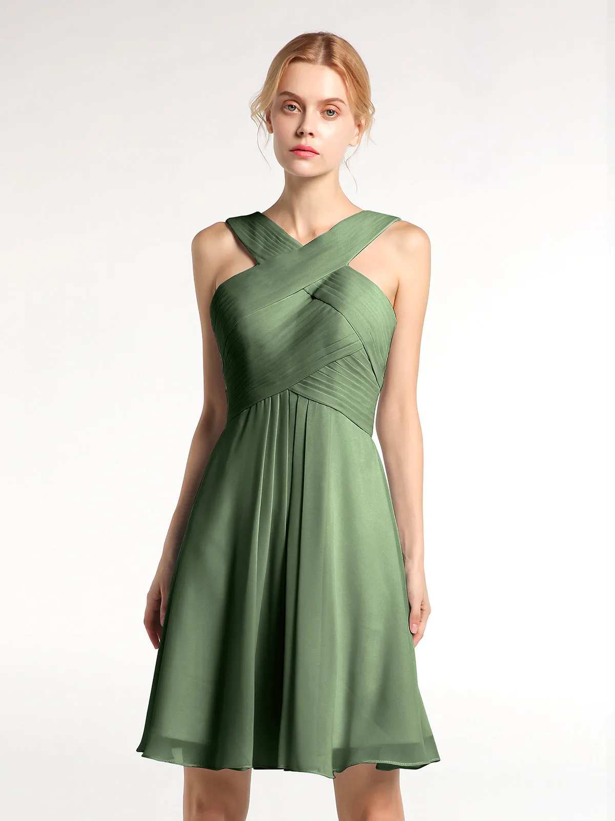 Cross Front Empire Waist Short Bridesmaid Dress Olive Green