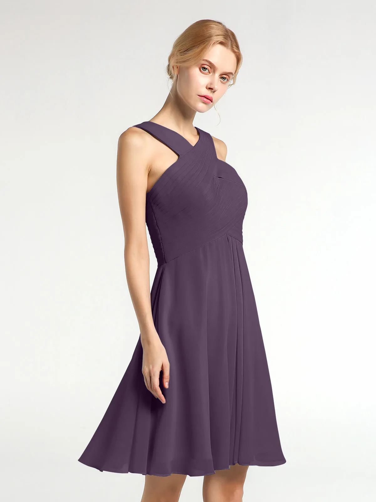Cross Front Empire Waist Short Bridesmaid Dress Plum Plus Size