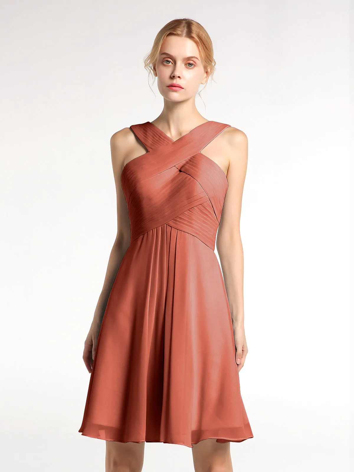 Cross Front Empire Waist Short Bridesmaid Dress Rust