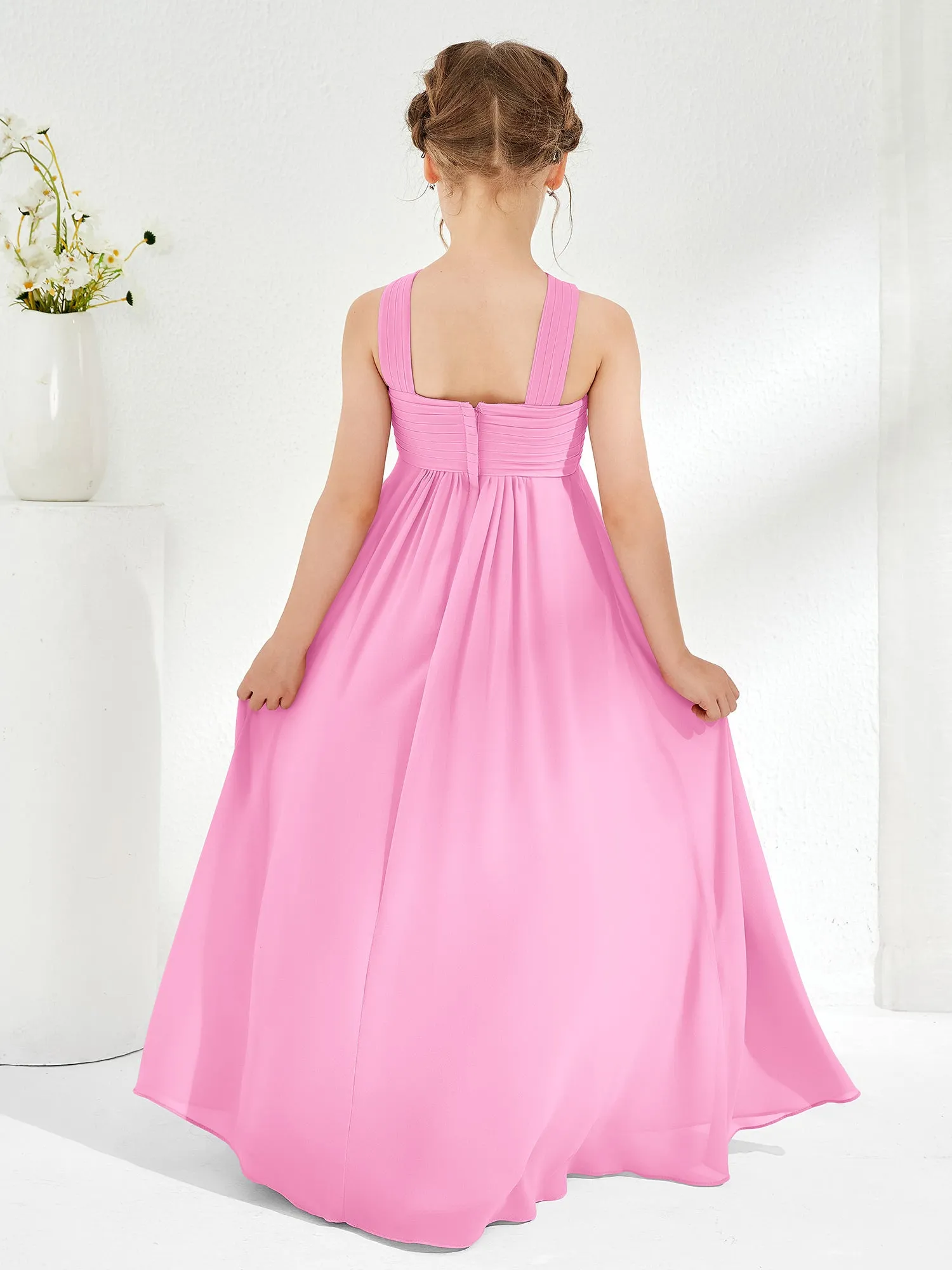 Cross Shoulder Strap Junior Bridesmaid Dresses with Empire Waist Candy Pink