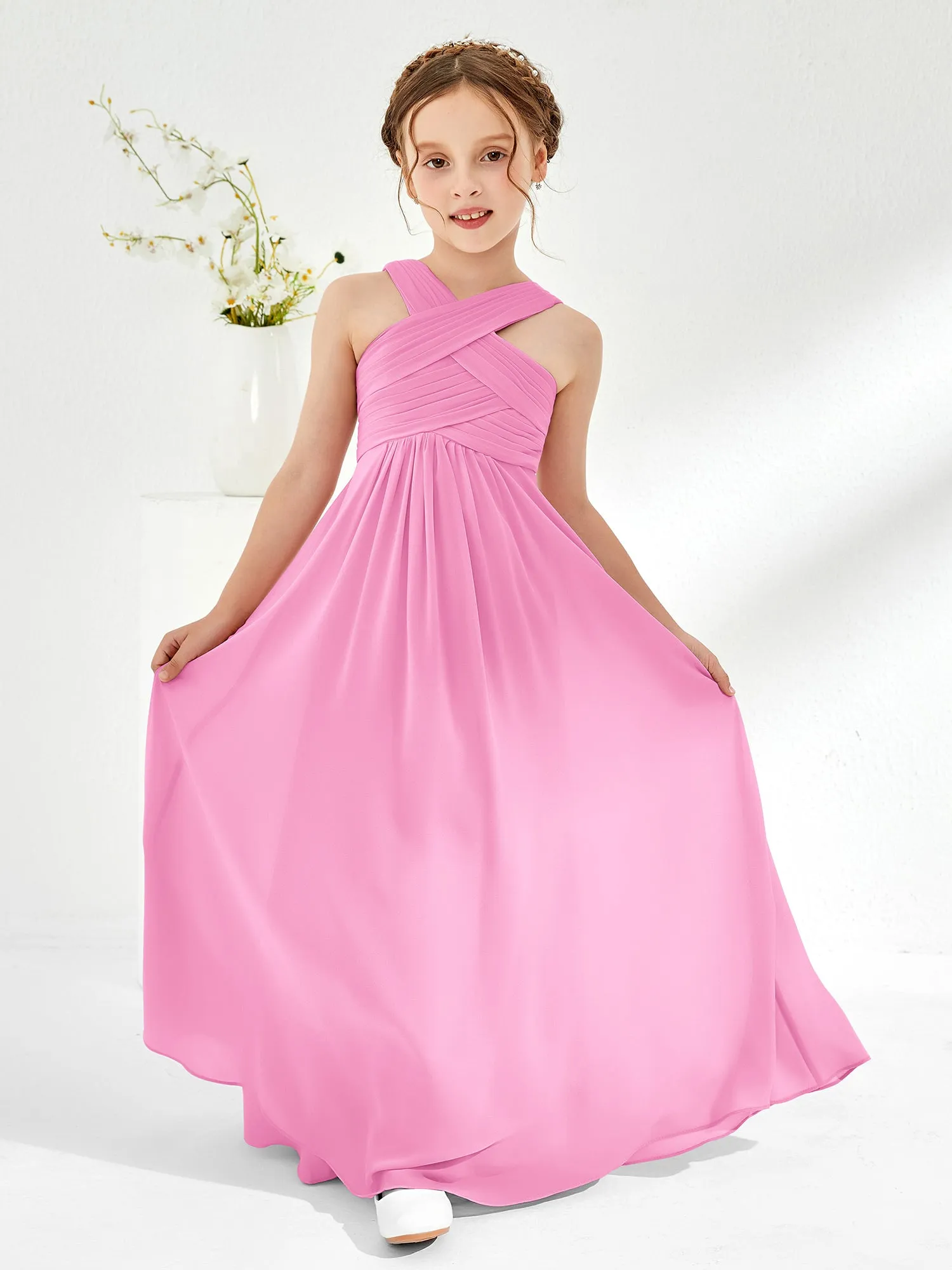 Cross Shoulder Strap Junior Bridesmaid Dresses with Empire Waist Candy Pink