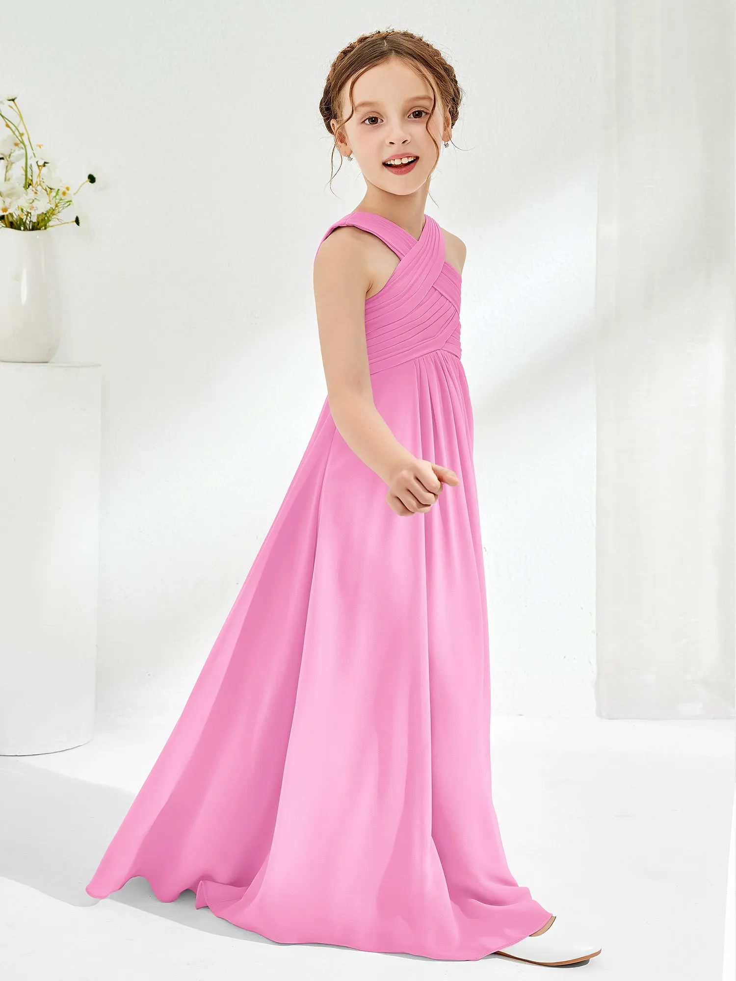 Cross Shoulder Strap Junior Bridesmaid Dresses with Empire Waist Candy Pink