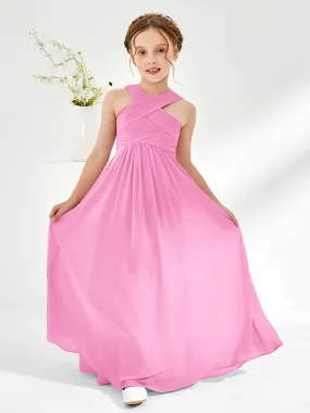 Cross Shoulder Strap Junior Bridesmaid Dresses with Empire Waist Candy Pink
