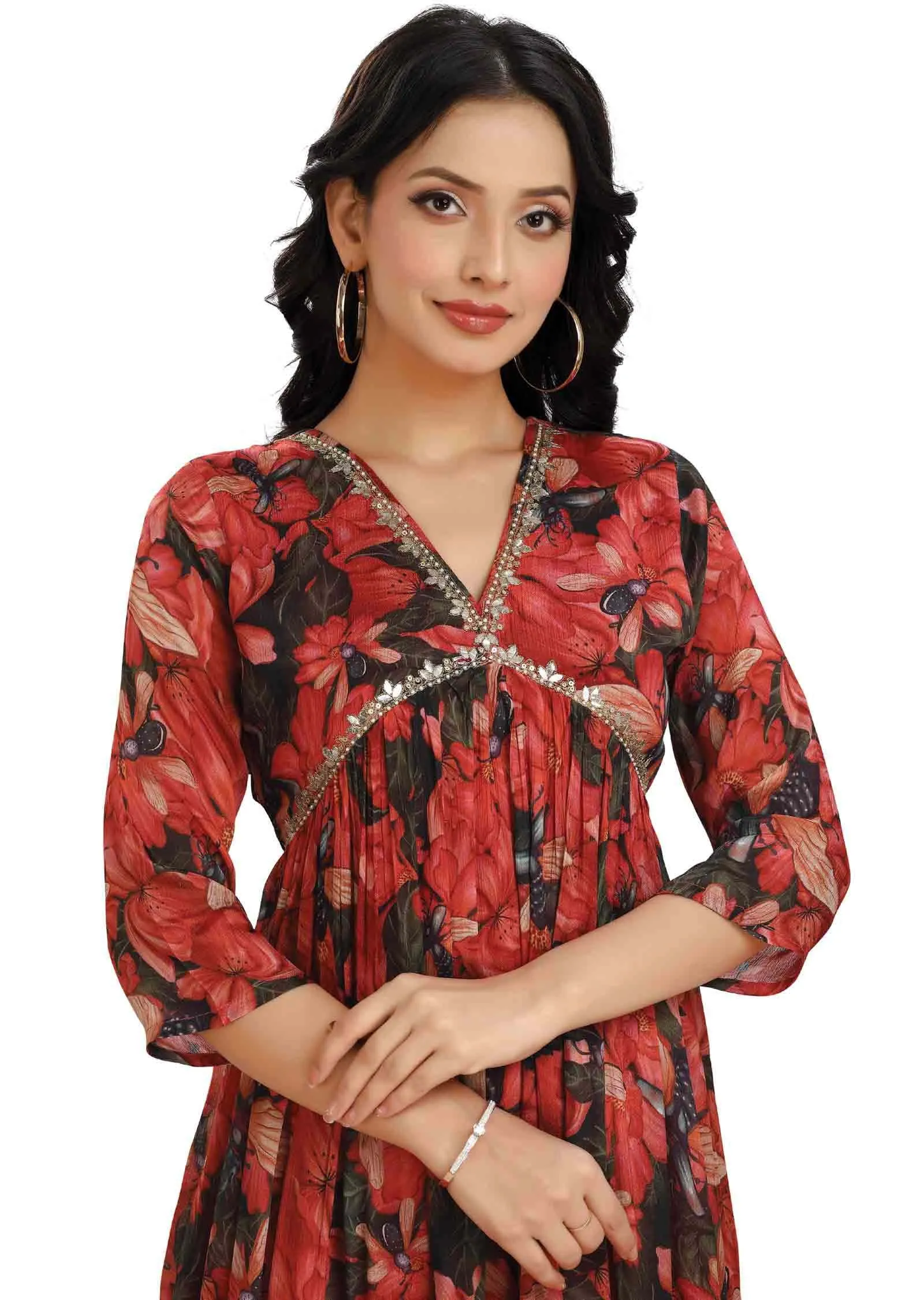 Dark Bottle Green & Rust Chinnon Printed Alia cut Frock Style Kurti
