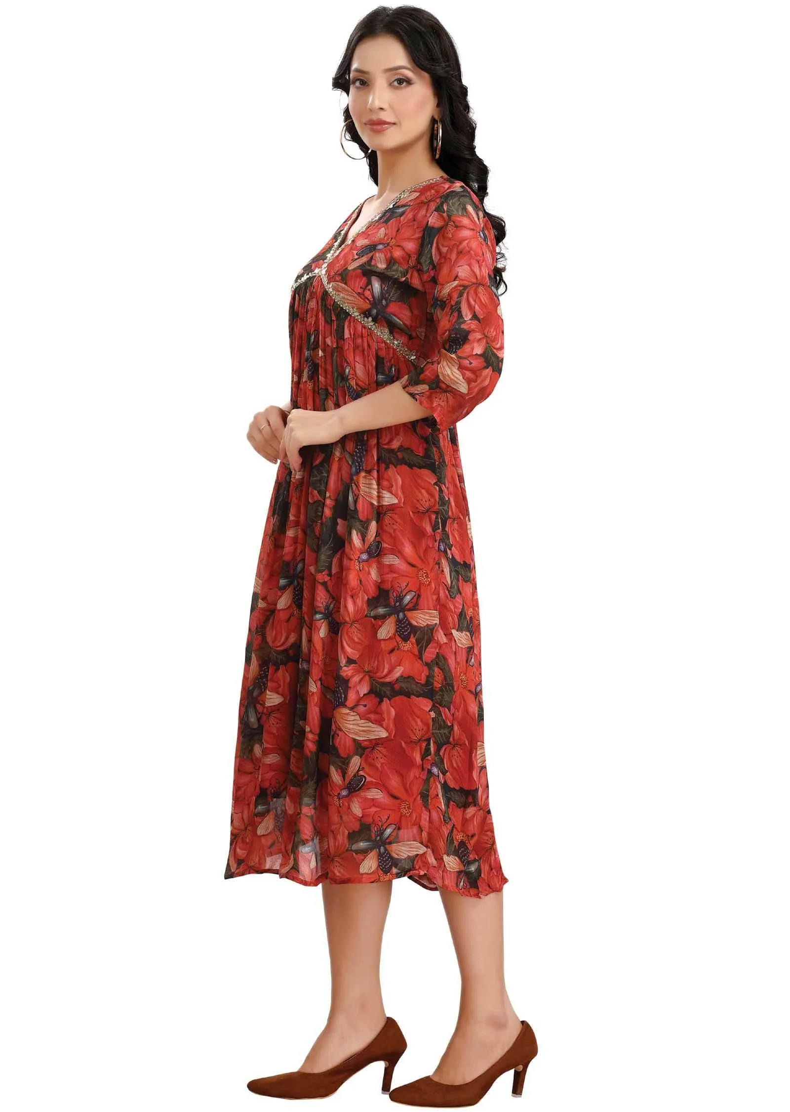 Dark Bottle Green & Rust Chinnon Printed Alia cut Frock Style Kurti