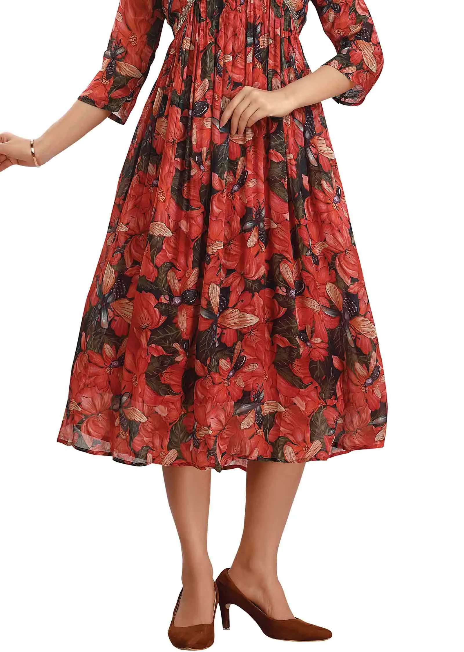 Dark Bottle Green & Rust Chinnon Printed Alia cut Frock Style Kurti