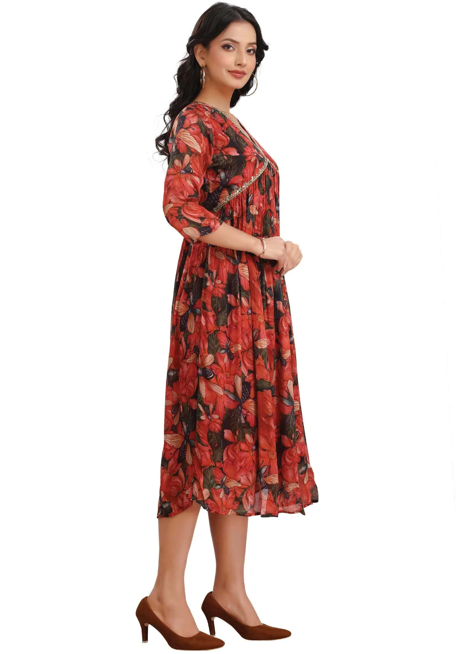Dark Bottle Green & Rust Chinnon Printed Alia cut Frock Style Kurti