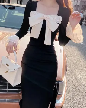 DOROTHÉE Vintage Color-Block Bow Midi Dress