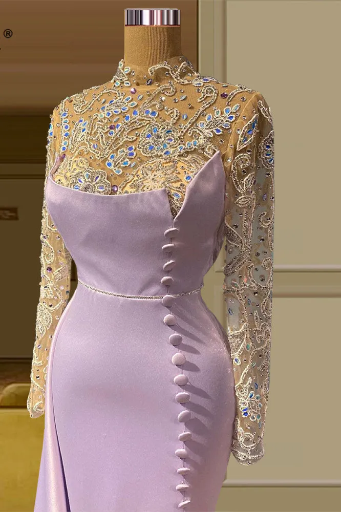 Elegant Long Mermaid High Neck Lace Beading Prom Dress With Long Sleeves
