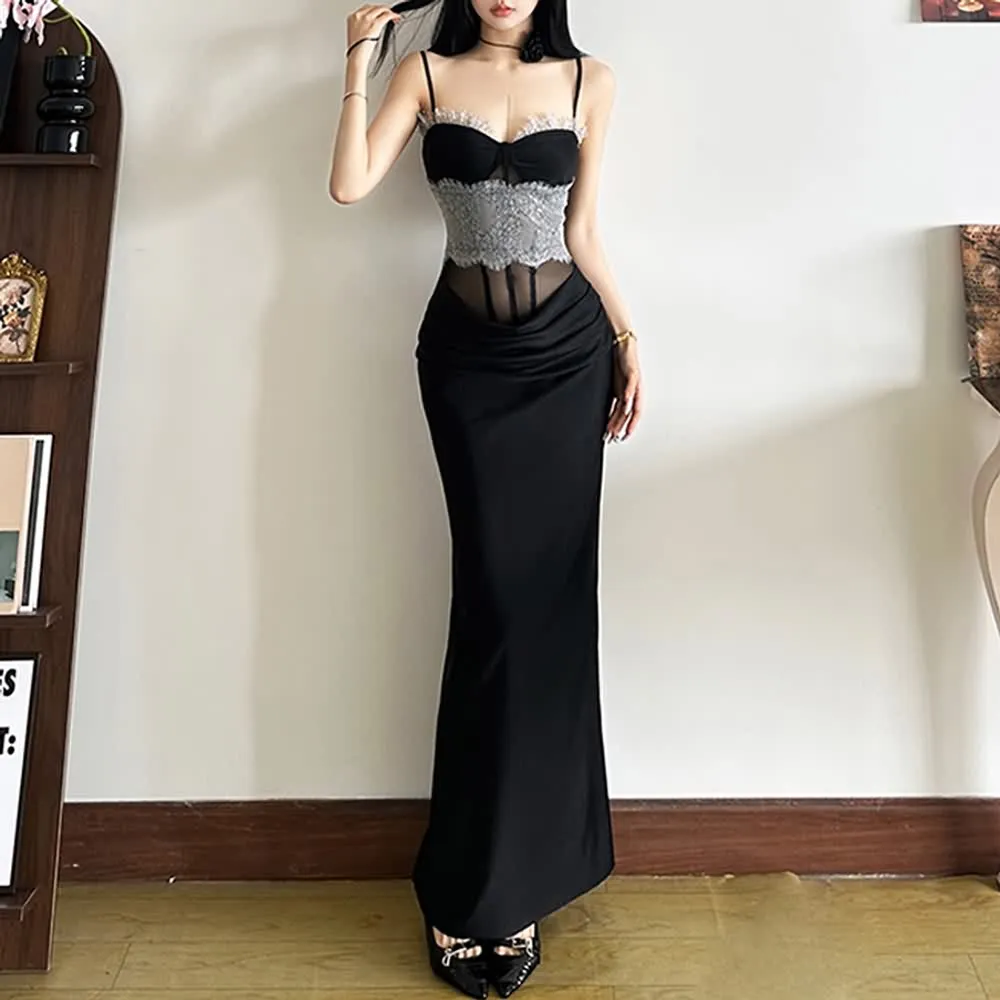 Elegant Spaghetti Strap Lace Corset Long Dress
