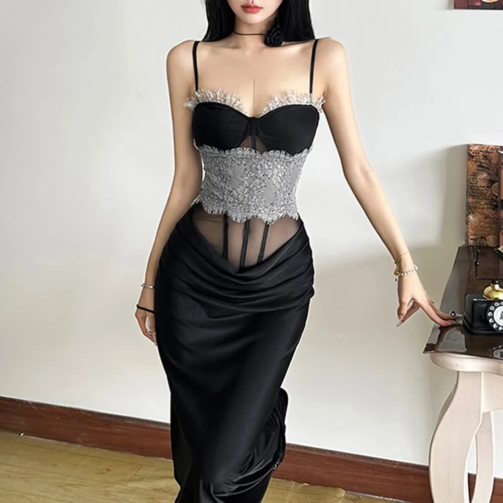 Elegant Spaghetti Strap Lace Corset Long Dress