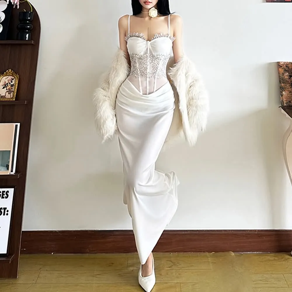 Elegant Spaghetti Strap Lace Corset Long Dress