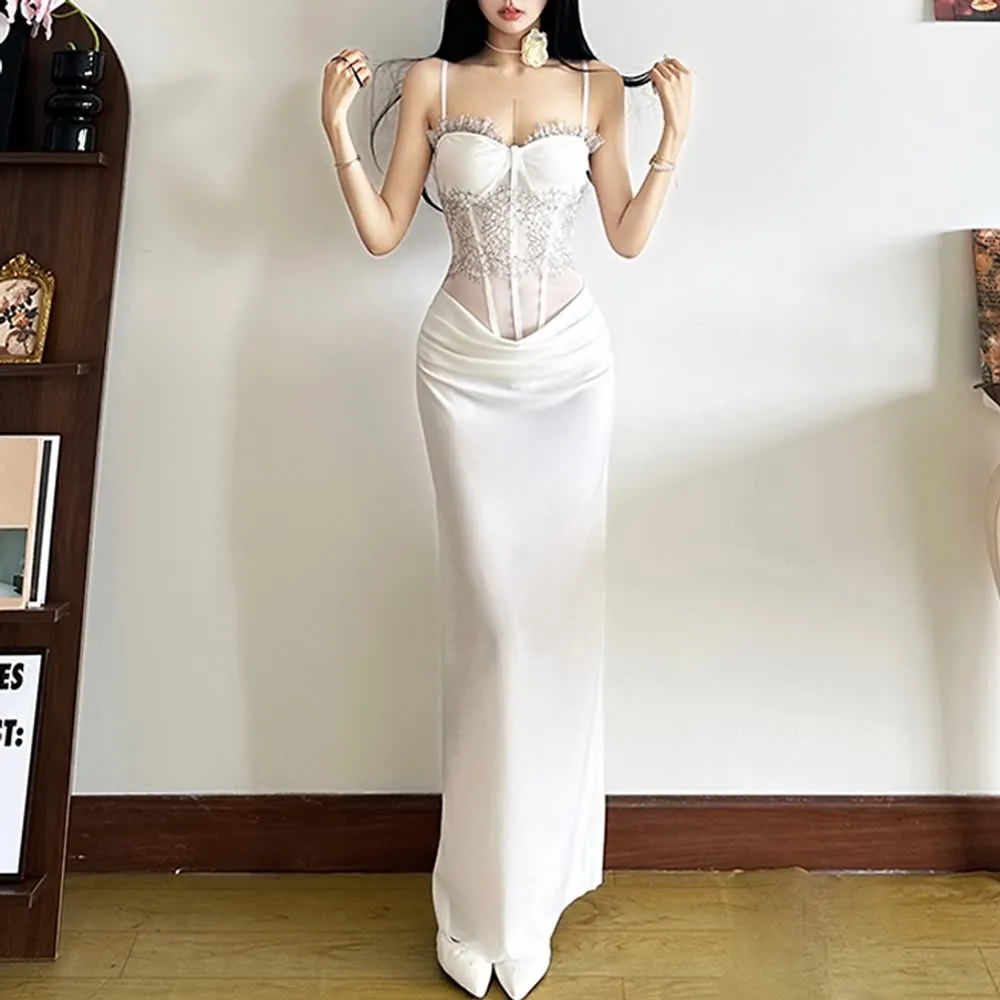 Elegant Spaghetti Strap Lace Corset Long Dress