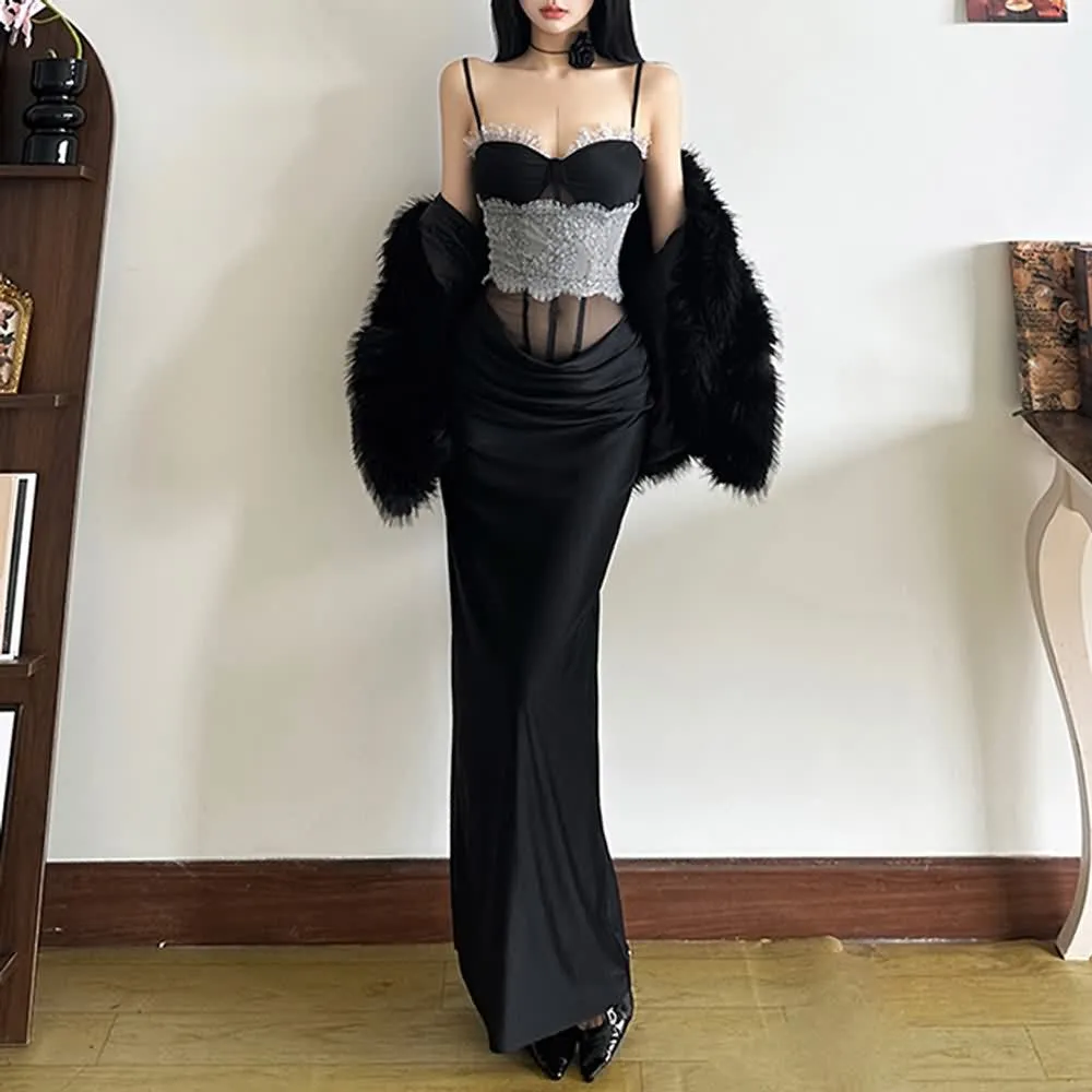 Elegant Spaghetti Strap Lace Corset Long Dress