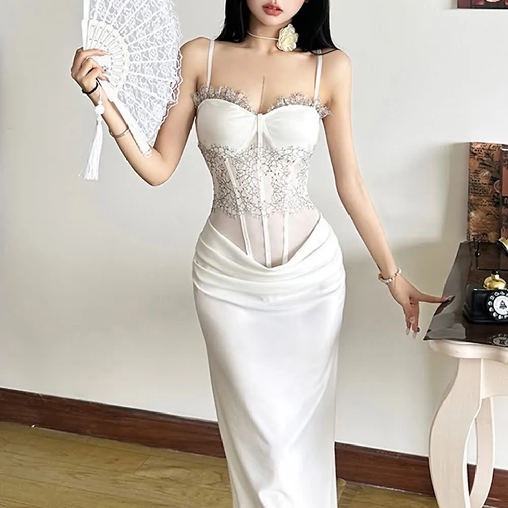 Elegant Spaghetti Strap Lace Corset Long Dress