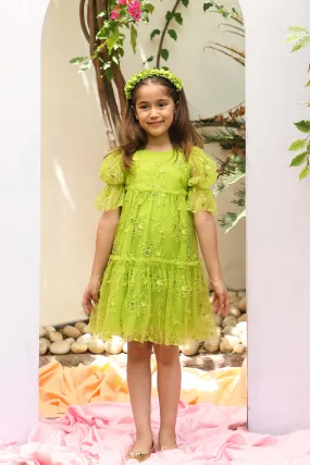 Fabiana Flower Embroidery With Sequins Girls Dress - Lime Green