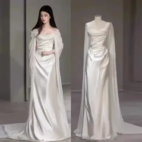 Fairytale White Satin Wedding Dress Simple Two Wear Slim Travel Photography Satin Outgoing Dresses C761