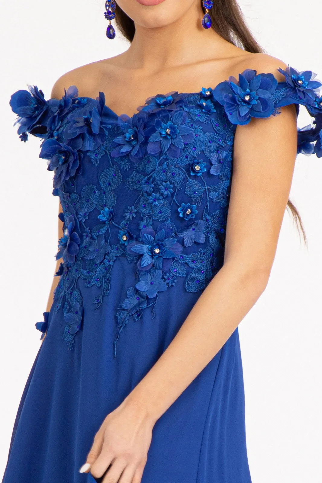 Floral 3D Applique and Embroidery Embellished Bodice A-Line Chiffon Long Prom Dress GLGL3018