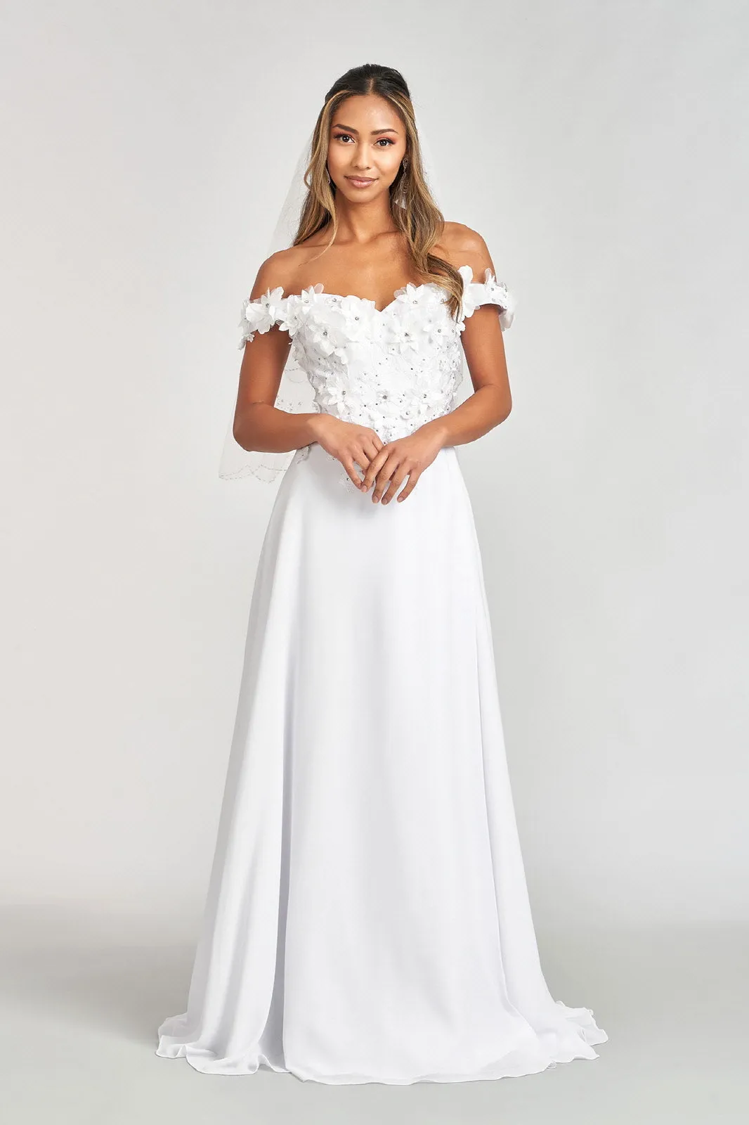 Floral 3D Applique and Embroidery Embellished Bodice A-Line Chiffon Long Prom Dress GLGL3018