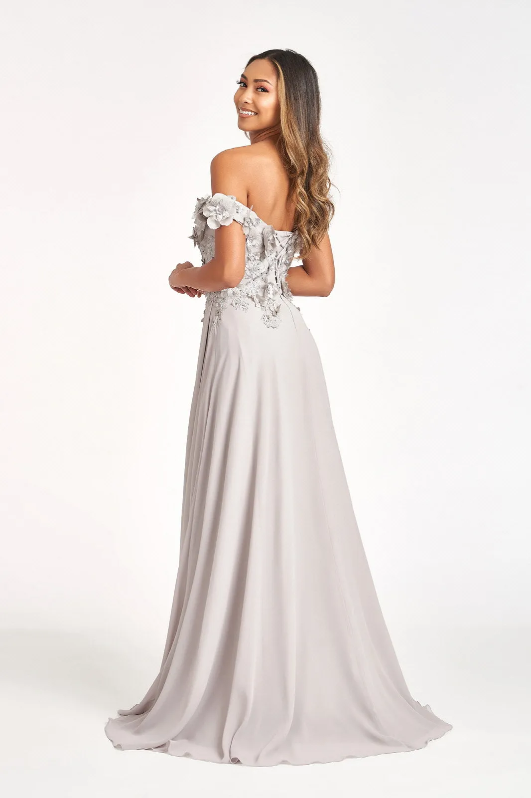 Floral 3D Applique and Embroidery Embellished Bodice A-Line Chiffon Long Prom Dress GLGL3018