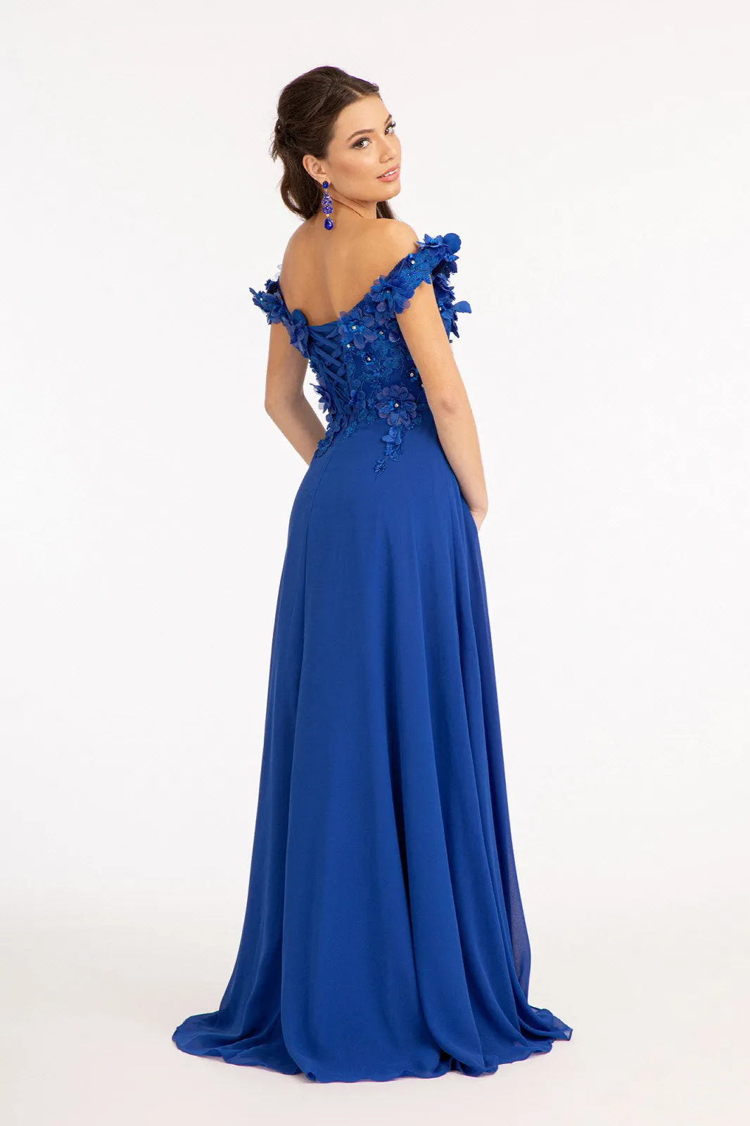 Floral 3D Applique and Embroidery Embellished Bodice A-Line Chiffon Long Prom Dress GLGL3018