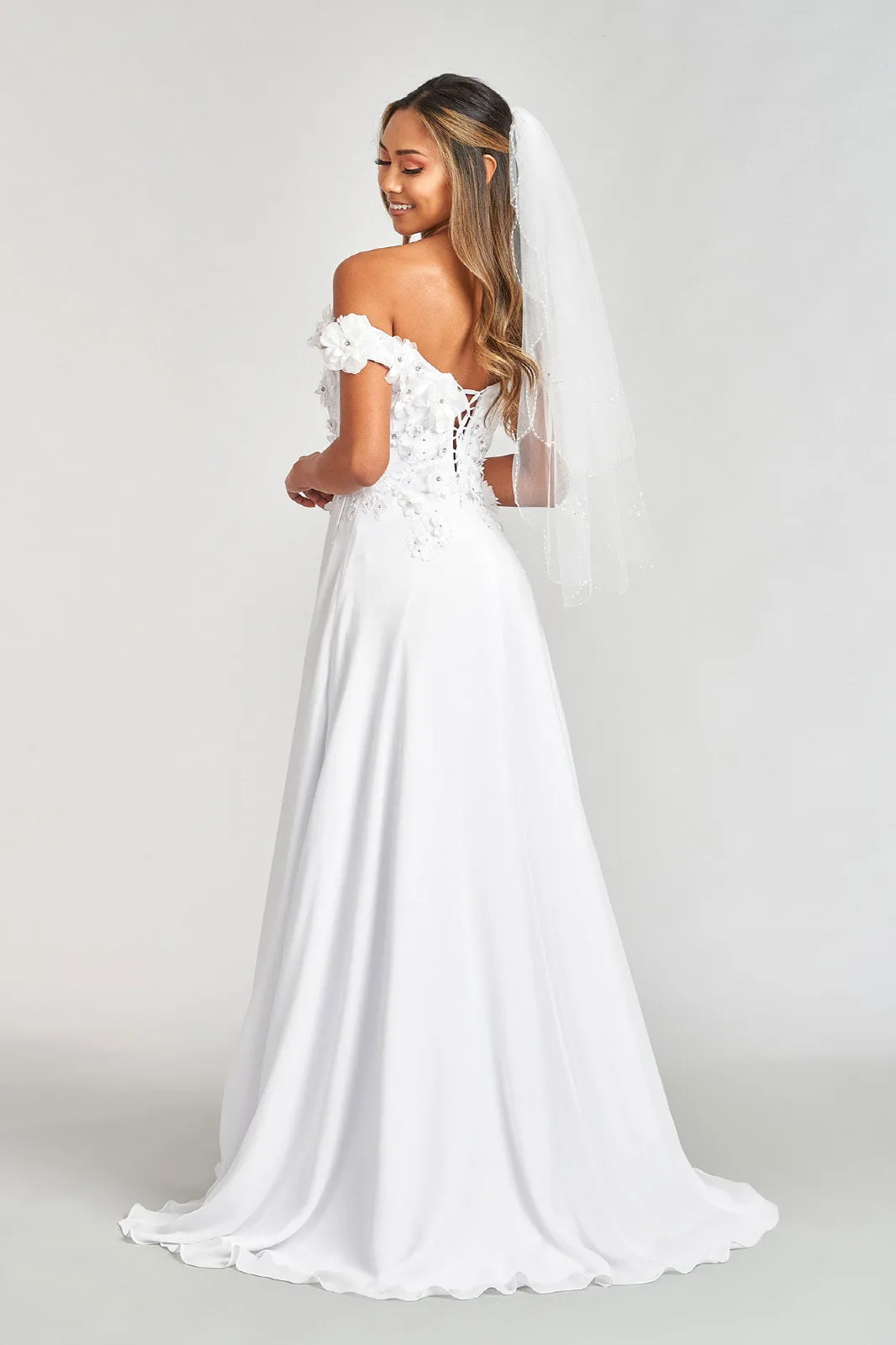 Floral 3D Applique and Embroidery Embellished Bodice A-Line Chiffon Long Prom Dress GLGL3018