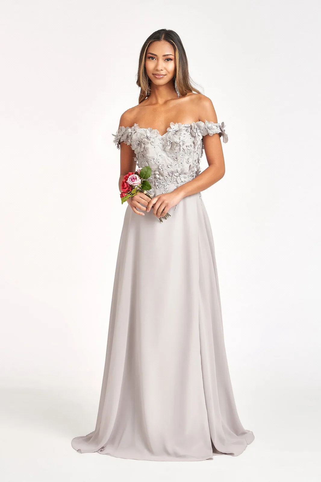 Floral 3D Applique and Embroidery Embellished Bodice A-Line Chiffon Long Prom Dress GLGL3018