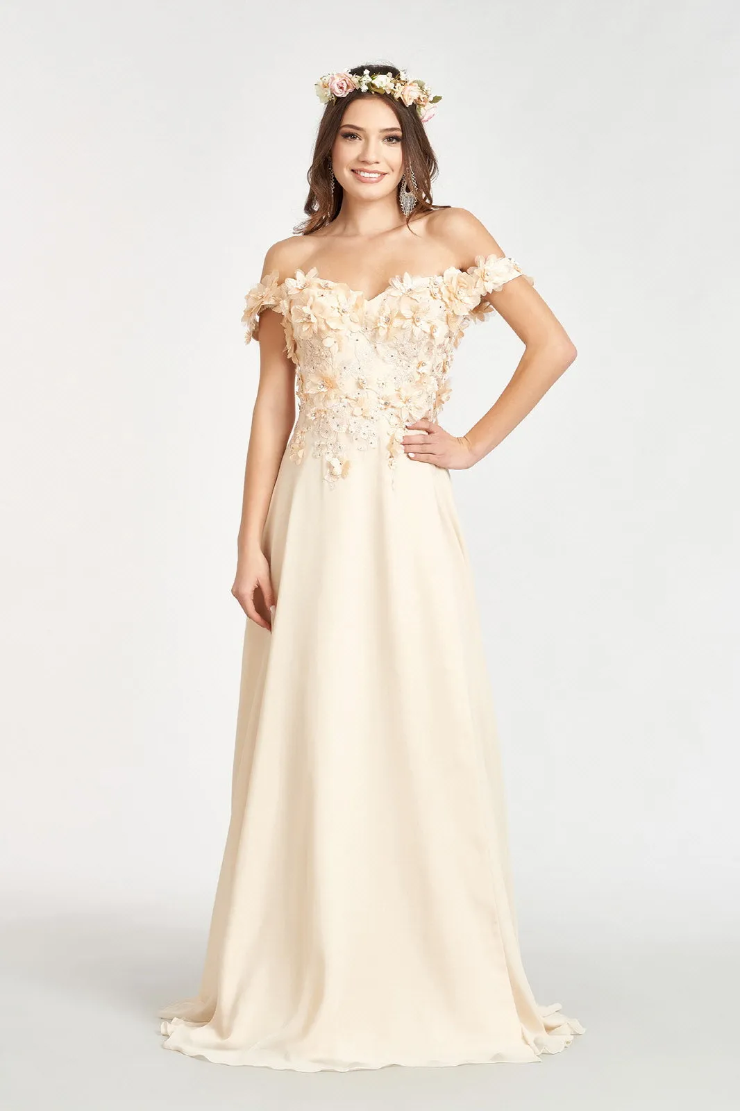 Floral 3D Applique and Embroidery Embellished Bodice A-Line Chiffon Long Prom Dress GLGL3018