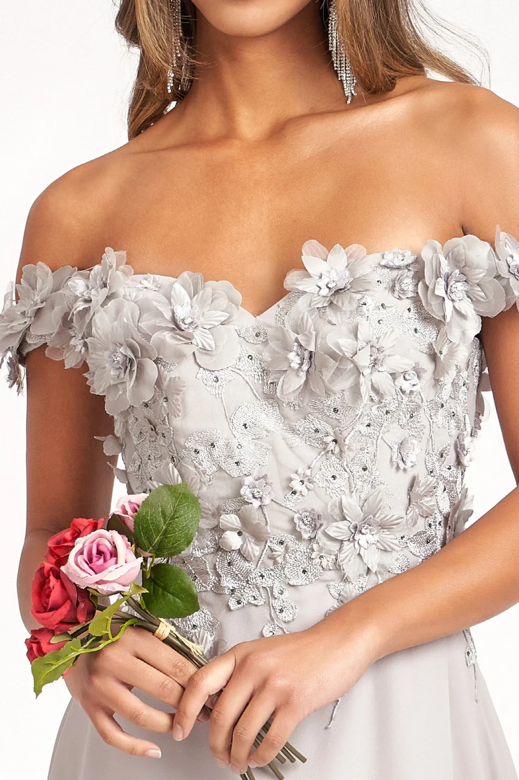 Floral 3D Applique and Embroidery Embellished Bodice A-Line Chiffon Long Prom Dress GLGL3018