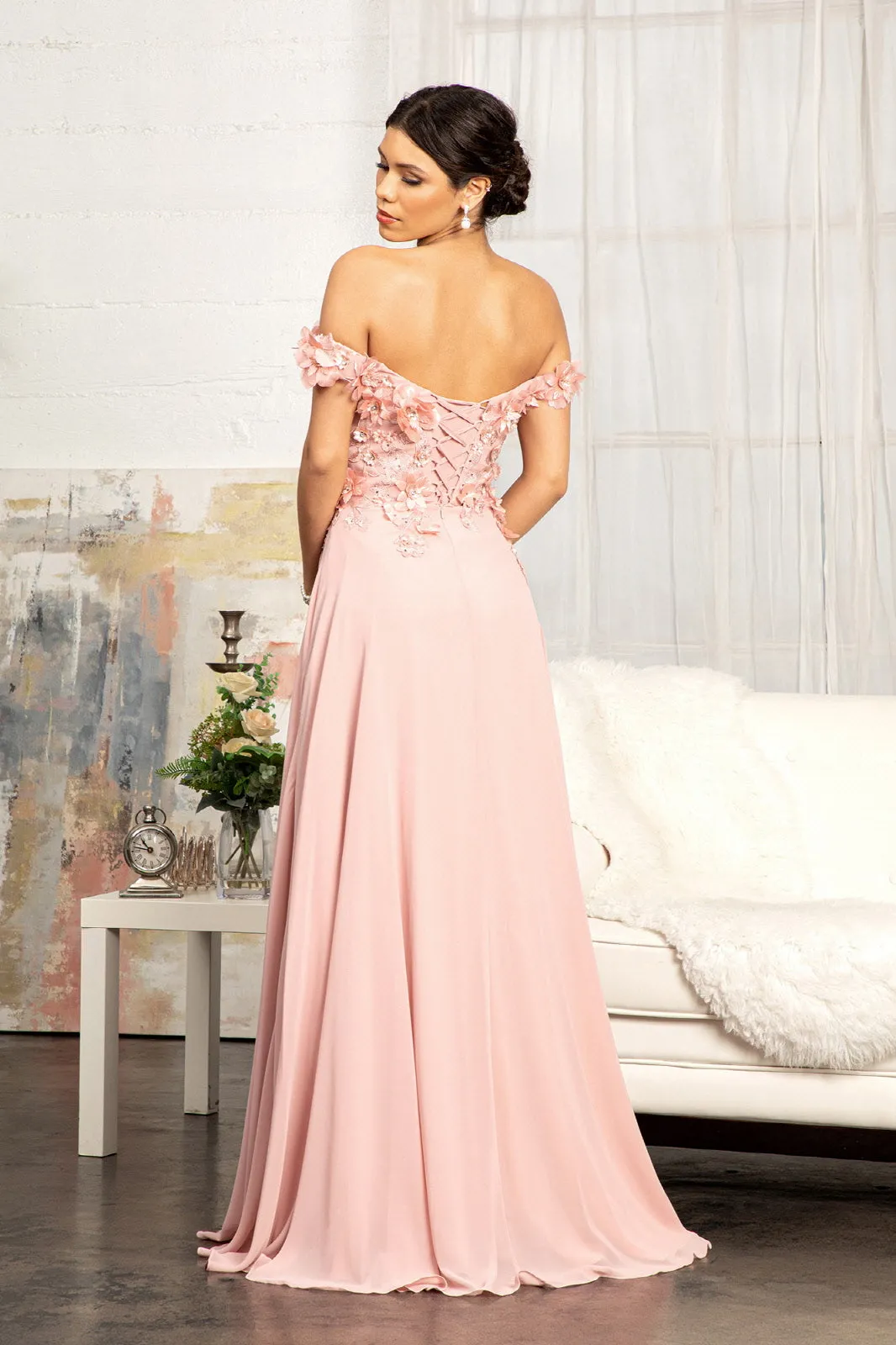 Floral 3D Applique and Embroidery Embellished Bodice A-Line Chiffon Long Prom Dress GLGL3018