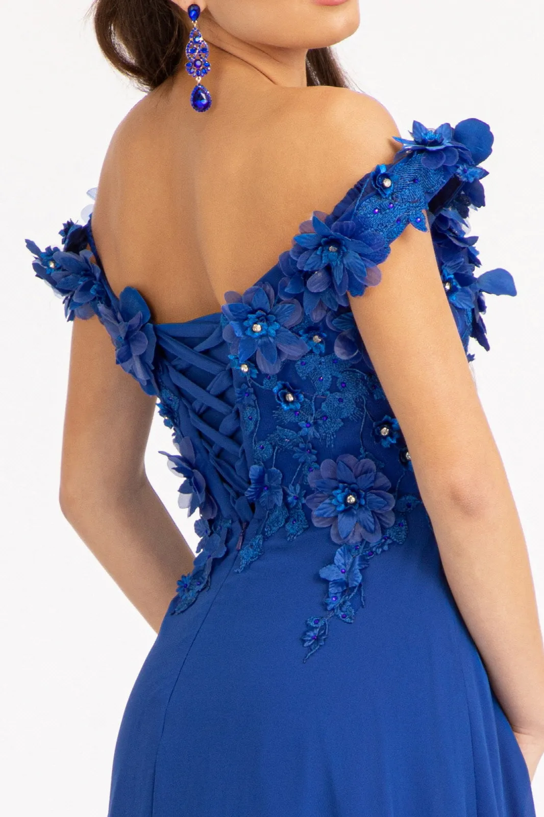 Floral 3D Applique and Embroidery Embellished Bodice A-Line Chiffon Long Prom Dress GLGL3018