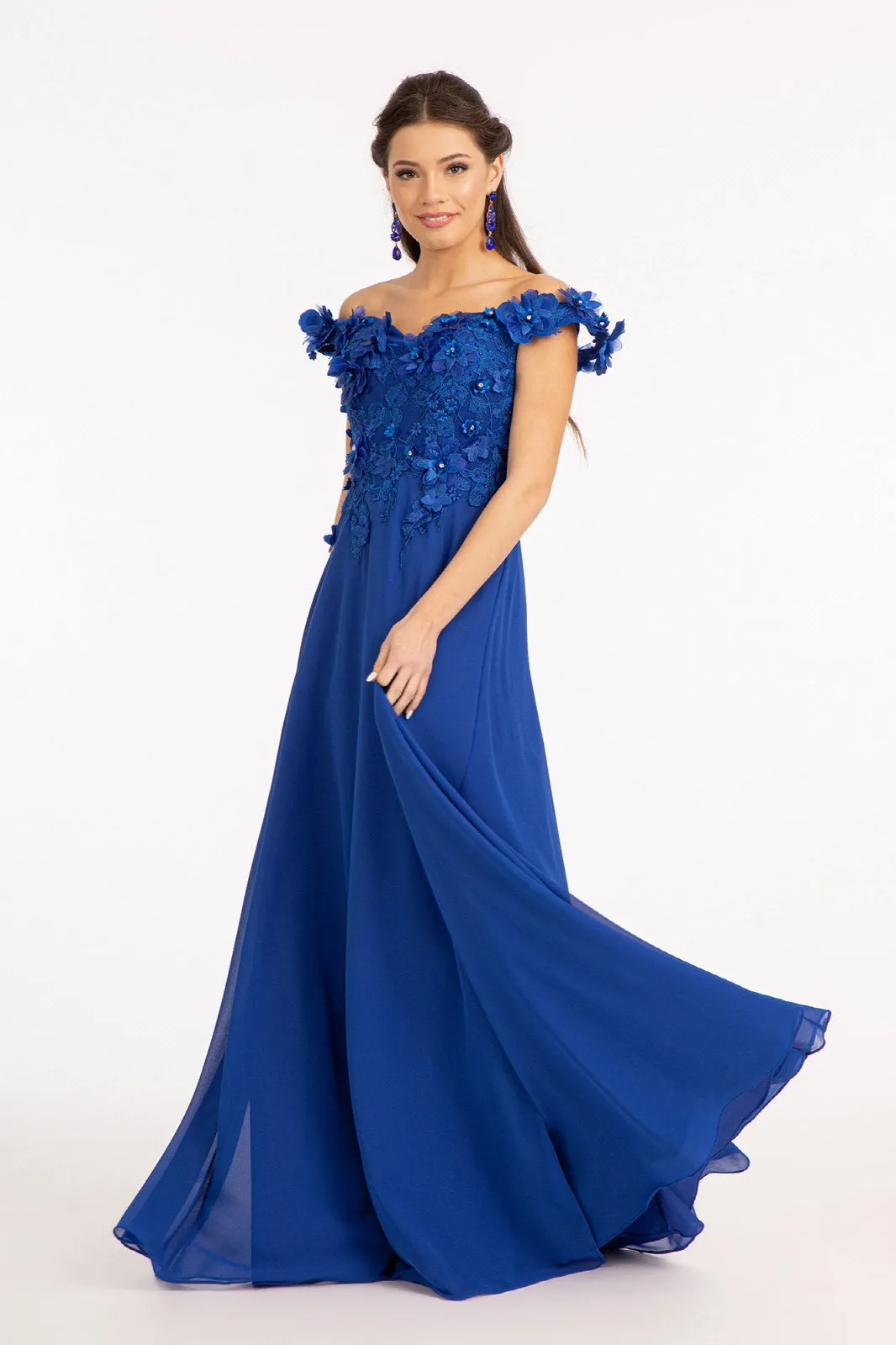 Floral 3D Applique and Embroidery Embellished Bodice A-Line Chiffon Long Prom Dress GLGL3018