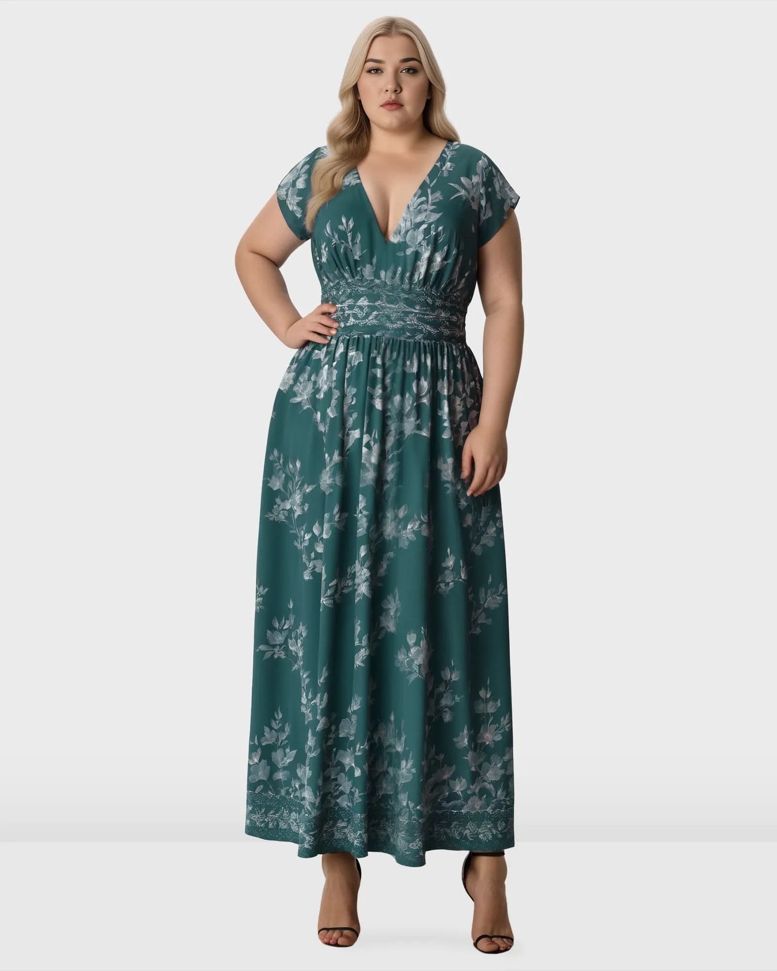 Floral Print Crepe Pleat Waist Dress | Deap Teal