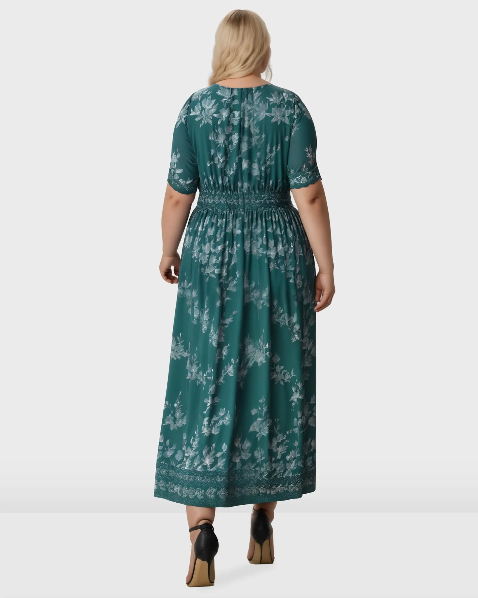 Floral Print Crepe Pleat Waist Dress | Deap Teal