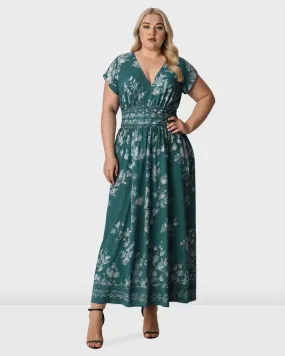 Floral Print Crepe Pleat Waist Dress | Deap Teal