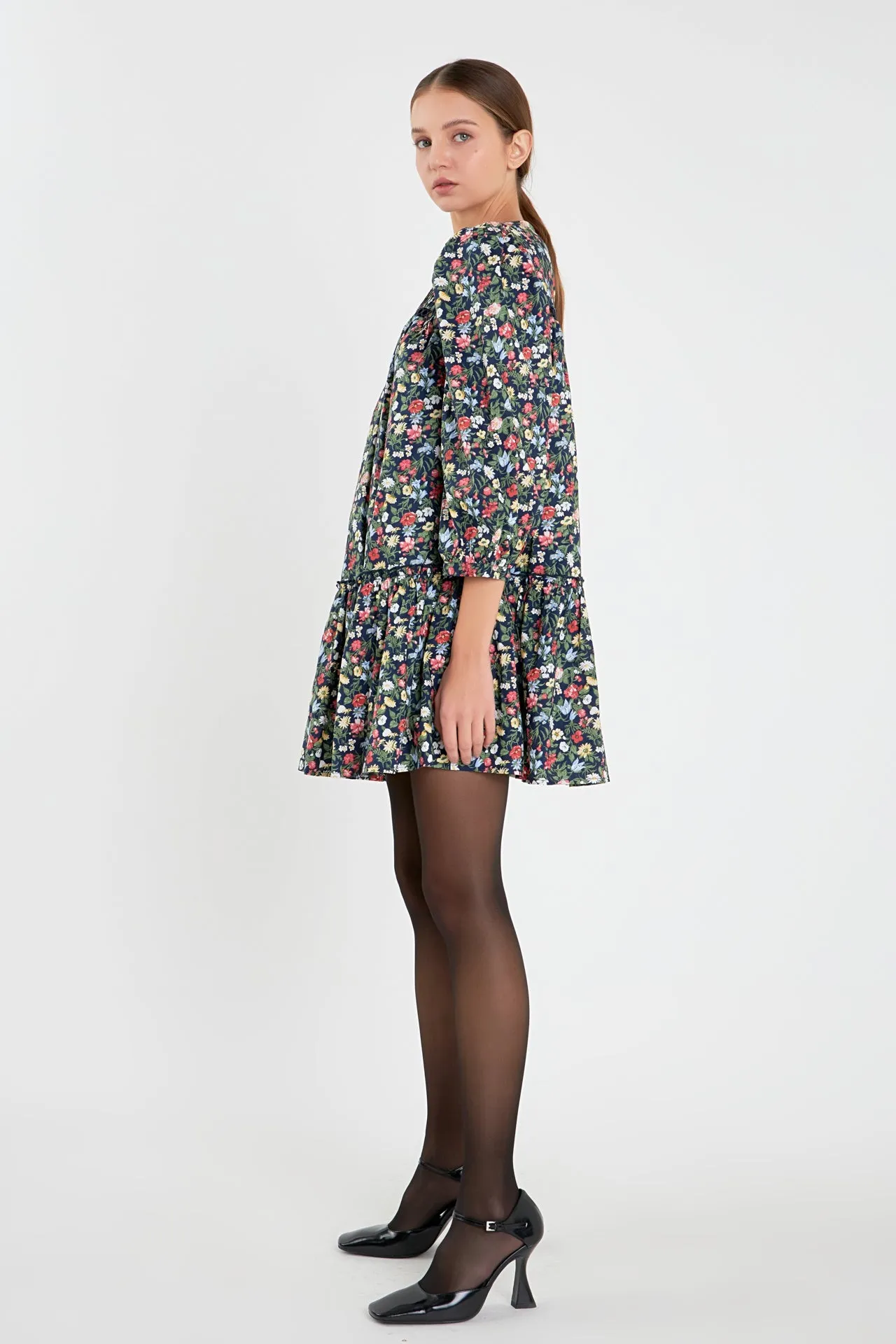 Floral Print Pintuck Mini Dress