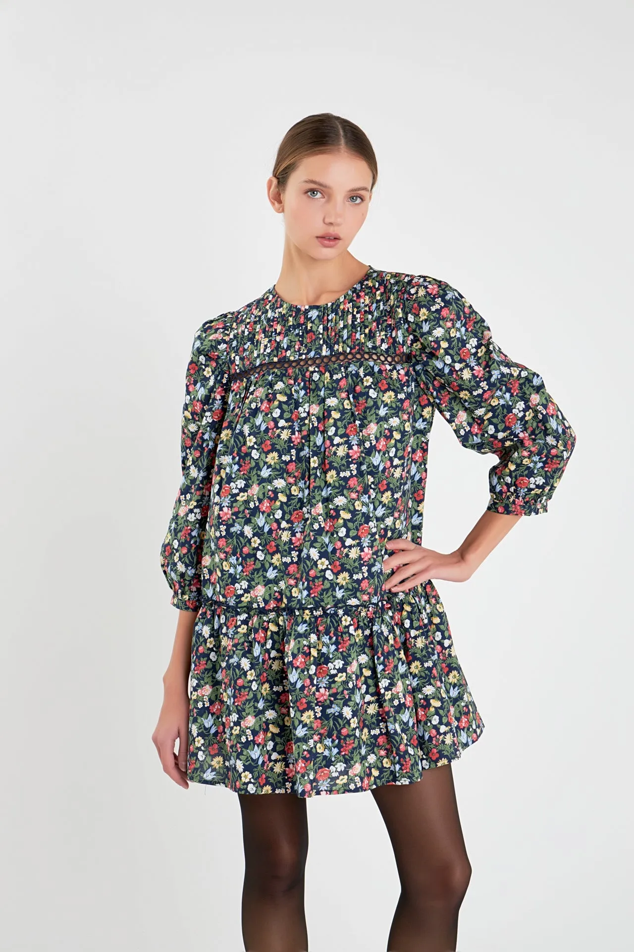 Floral Print Pintuck Mini Dress