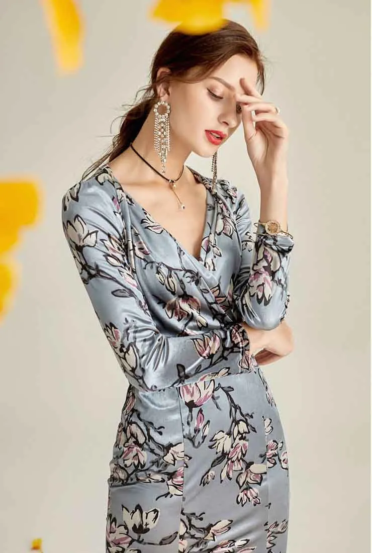 Floral Print V-neck Velvet Fishtail Midi Dress