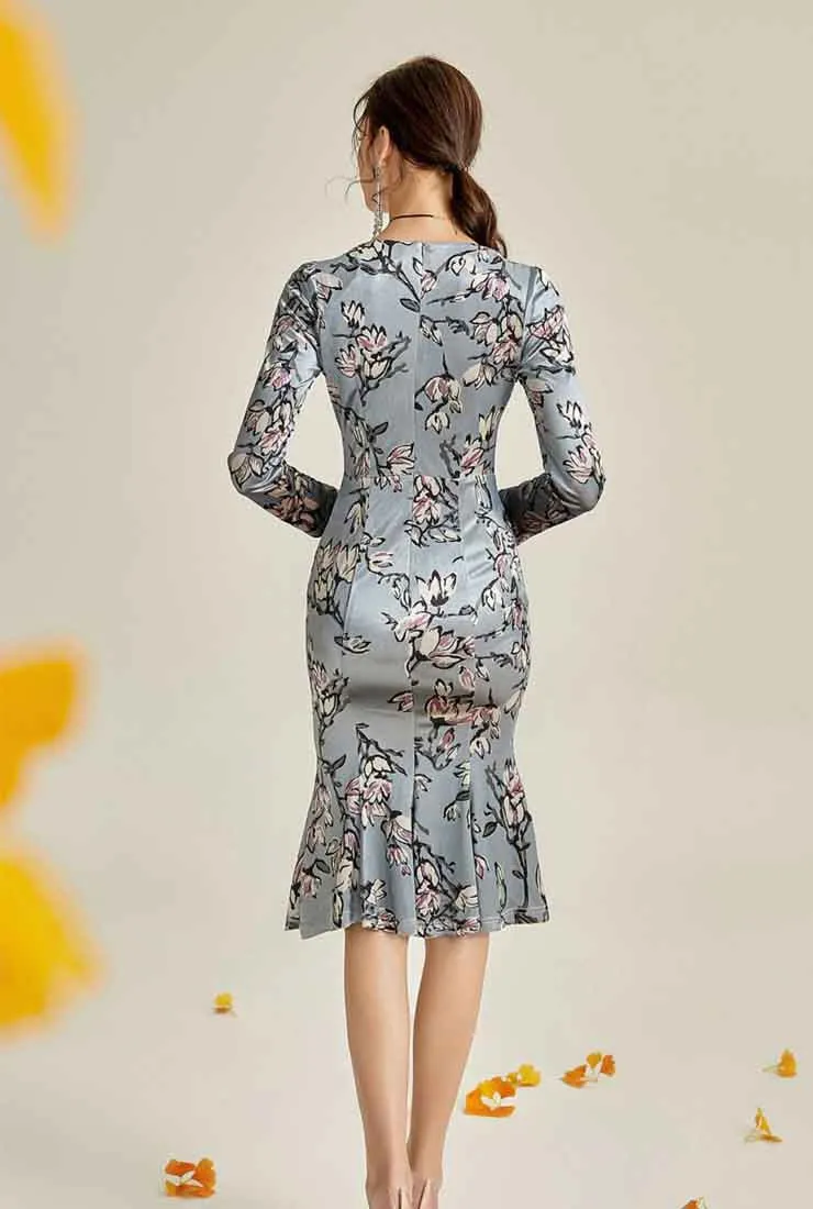 Floral Print V-neck Velvet Fishtail Midi Dress