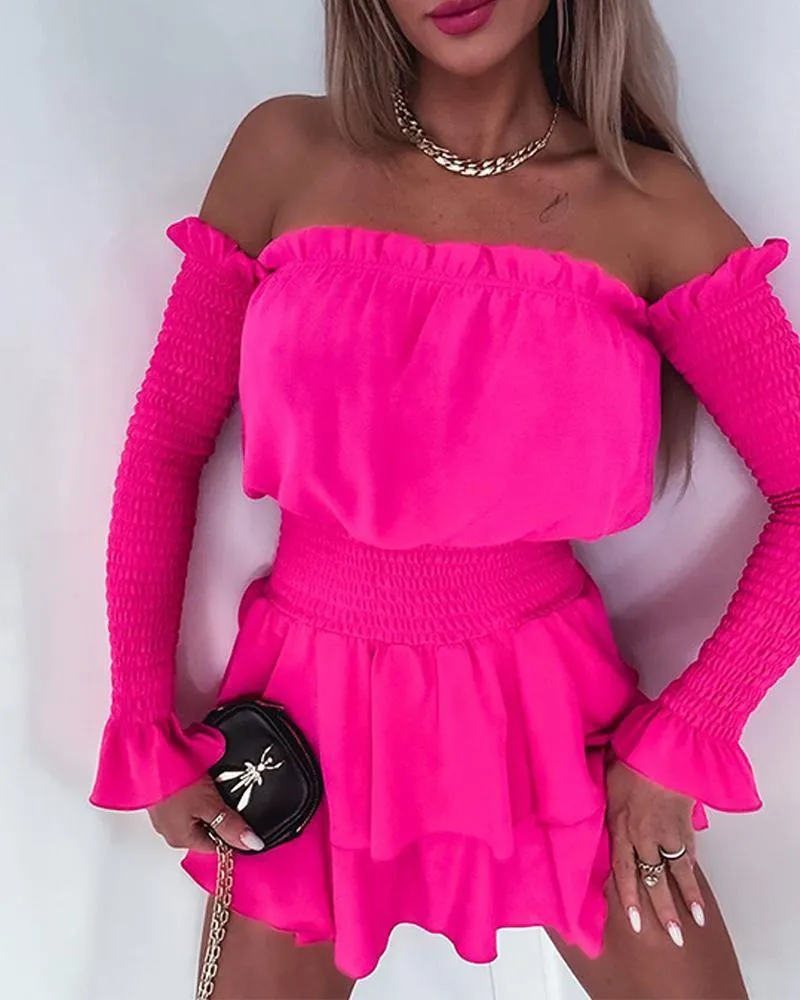 Frill Hem Shirred Off Shoulder Casual Dress