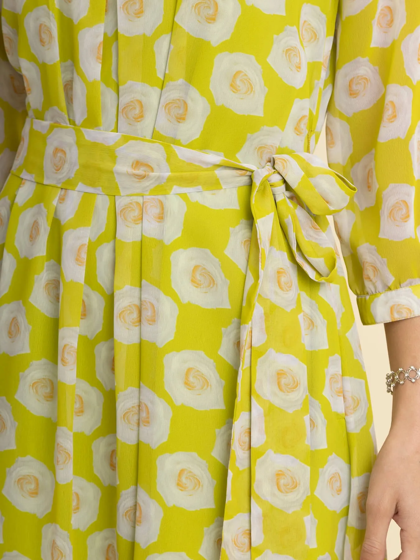 Georgette Floral A Line Dress - Acid Green and White